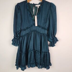 She + Sky Green Tiered  V Neck Short Mini Ruffle Dress Size Medium New Bohemian